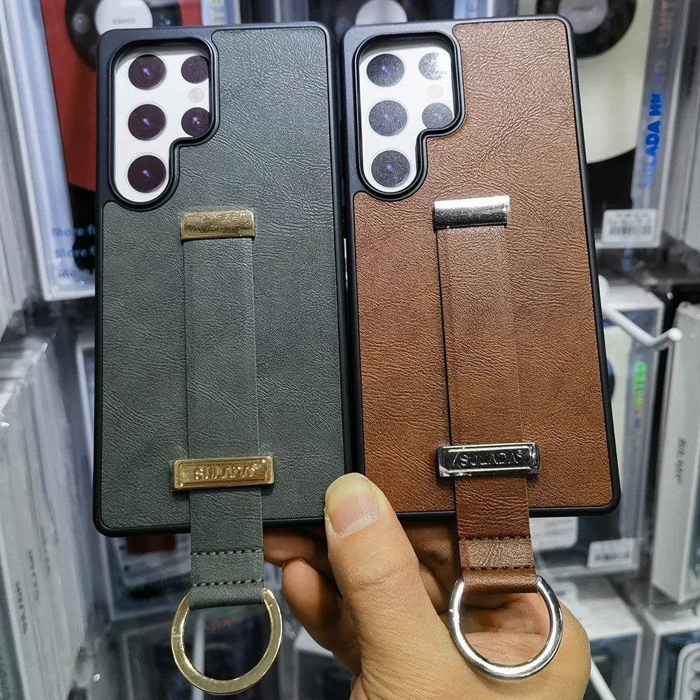 Funda de piel sintética para Samsung Galaxy S25 Ultra/Plus con correa de mano y soporte – Protección esencial