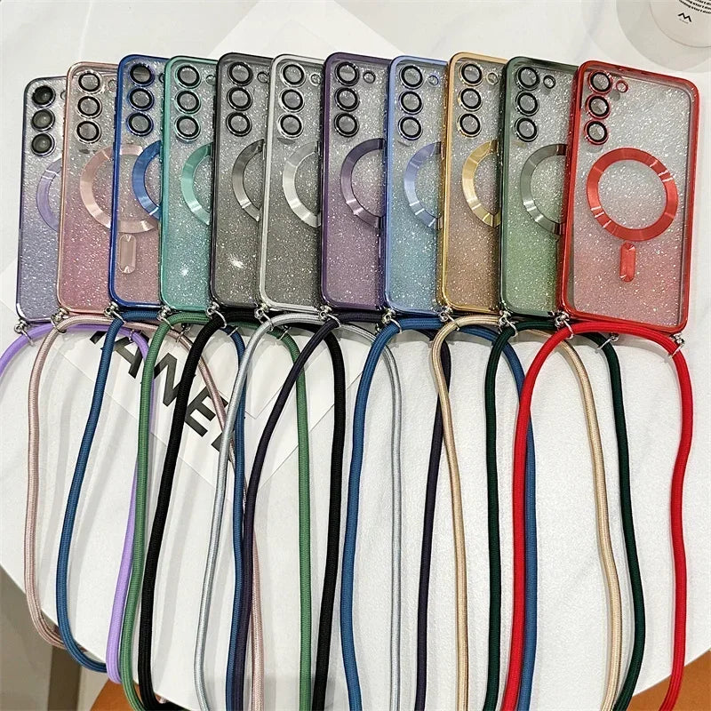 Funda magnética de TPU con brillos y correa cruzada para Samsung Galaxy Serie S24-S21