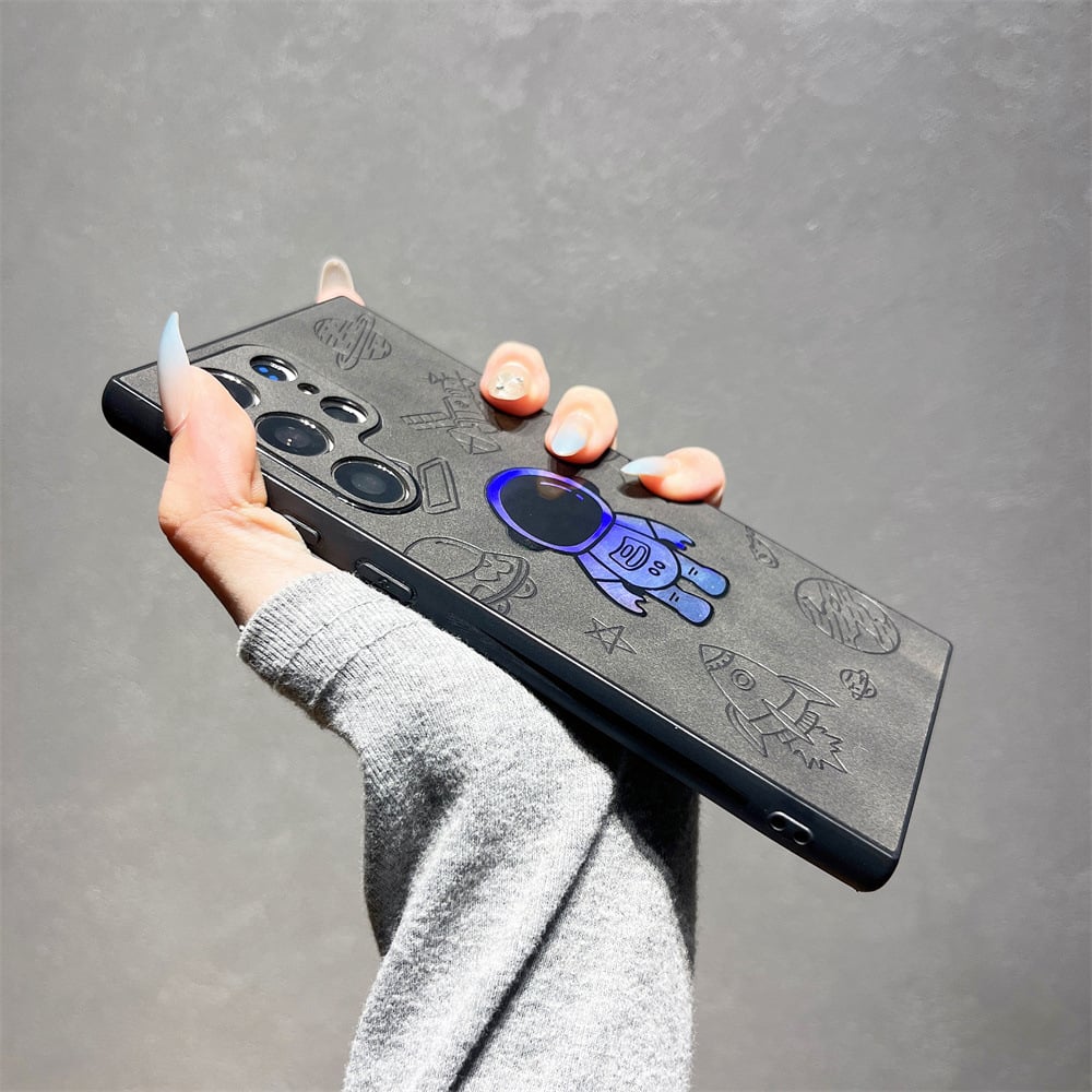 Funda de piel premium con astronauta grabado láser para Samsung, protección reforzada y estilo único