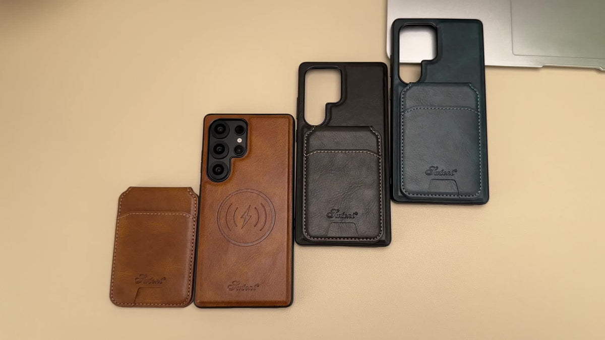 Funda magnética premium de piel con carga inalámbrica, soporte y tarjetero para Samsung