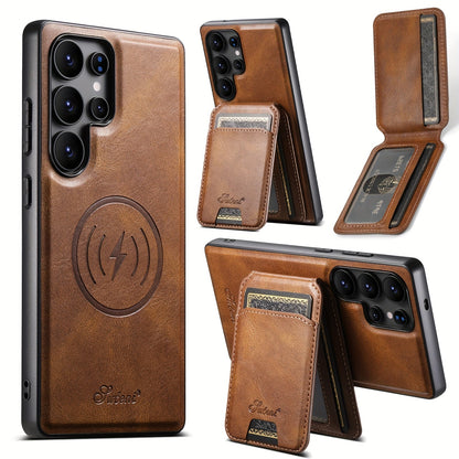 Funda magnética premium de piel con carga inalámbrica, soporte y tarjetero para Samsung