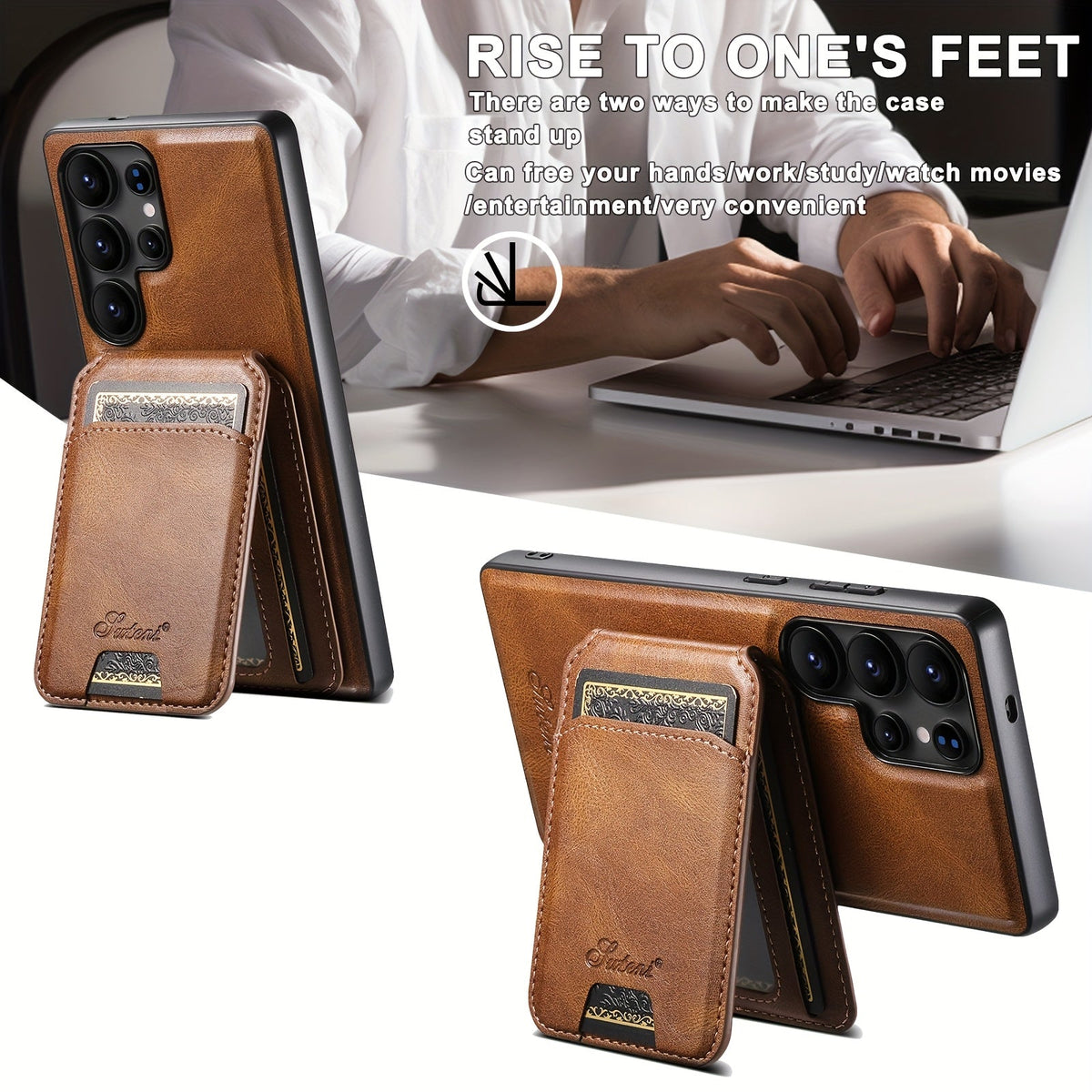 Funda magnética premium de piel con carga inalámbrica, soporte y tarjetero para Samsung
