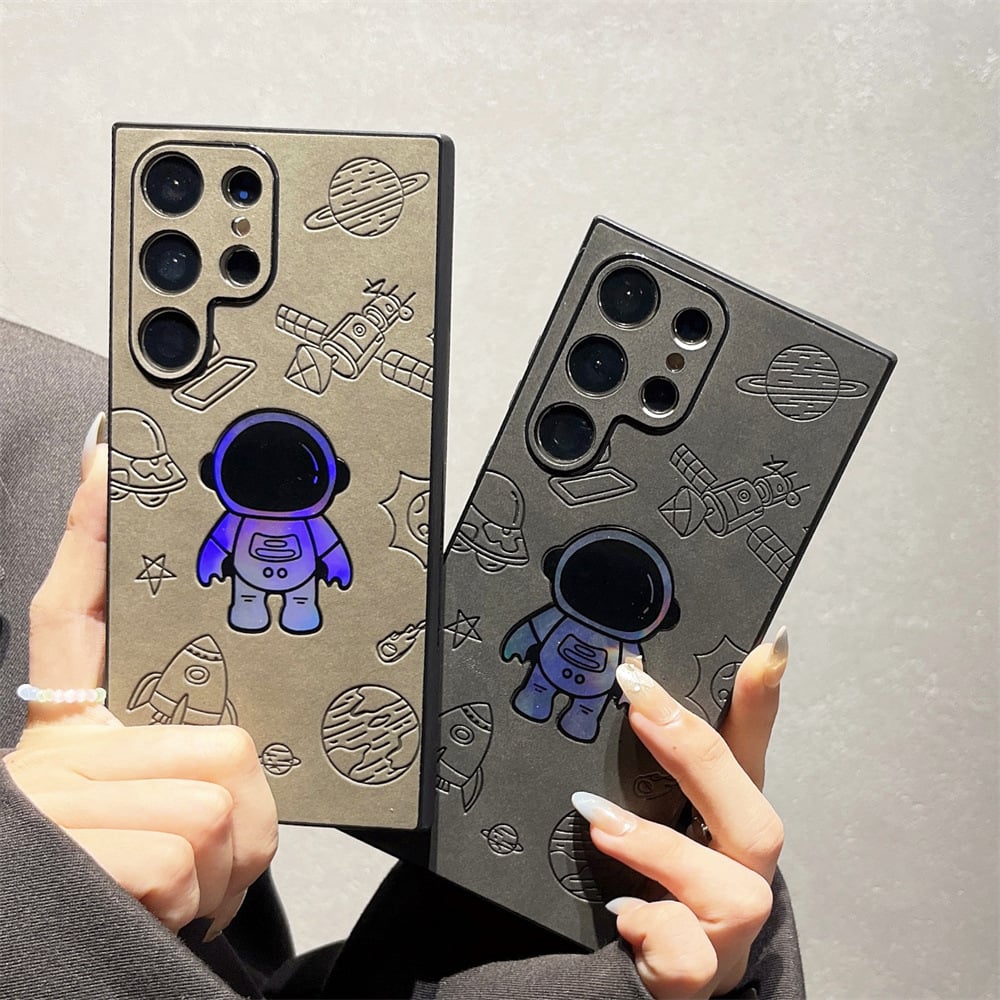 Funda de piel premium con astronauta grabado láser para Samsung, protección reforzada y estilo único