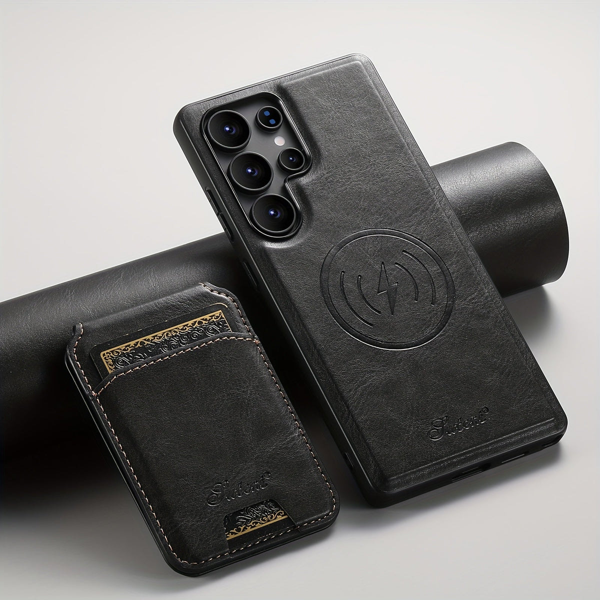 Funda magnética premium de piel con carga inalámbrica, soporte y tarjetero para Samsung