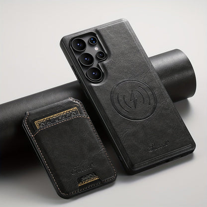 Funda magnética premium de piel con carga inalámbrica, soporte y tarjetero para Samsung