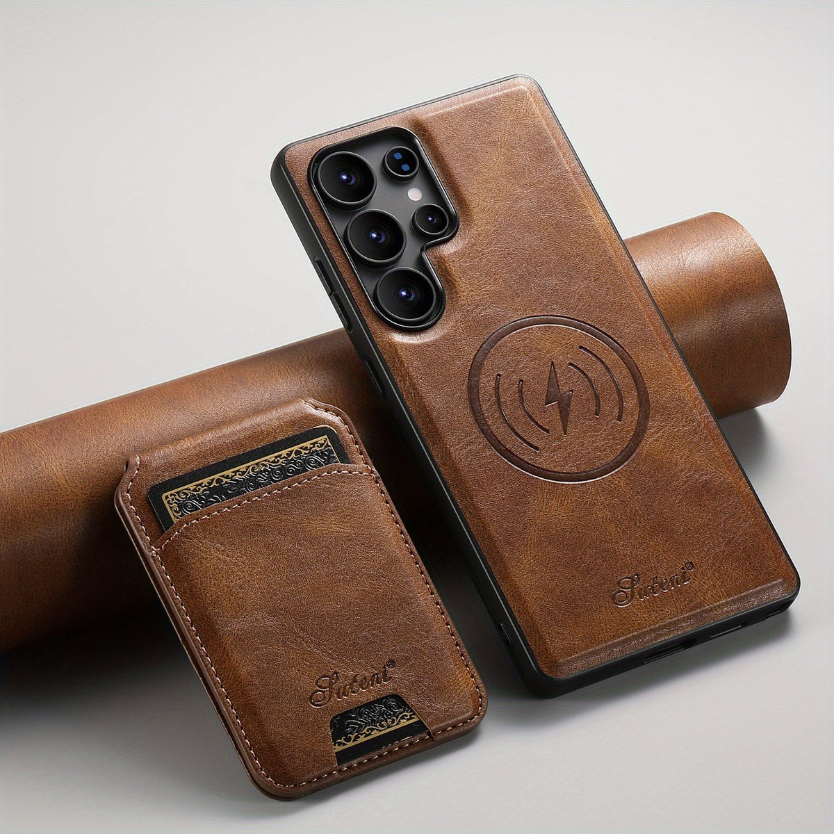 Funda magnética premium de piel con carga inalámbrica, soporte y tarjetero para Samsung