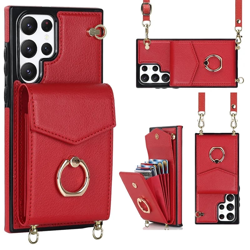 Funda cartera Samsung con correa cruzada y tarjetero, anillo soporte ajustable