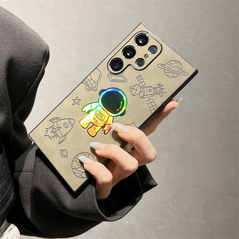 Funda de piel premium con astronauta grabado láser para Samsung, protección reforzada y estilo único