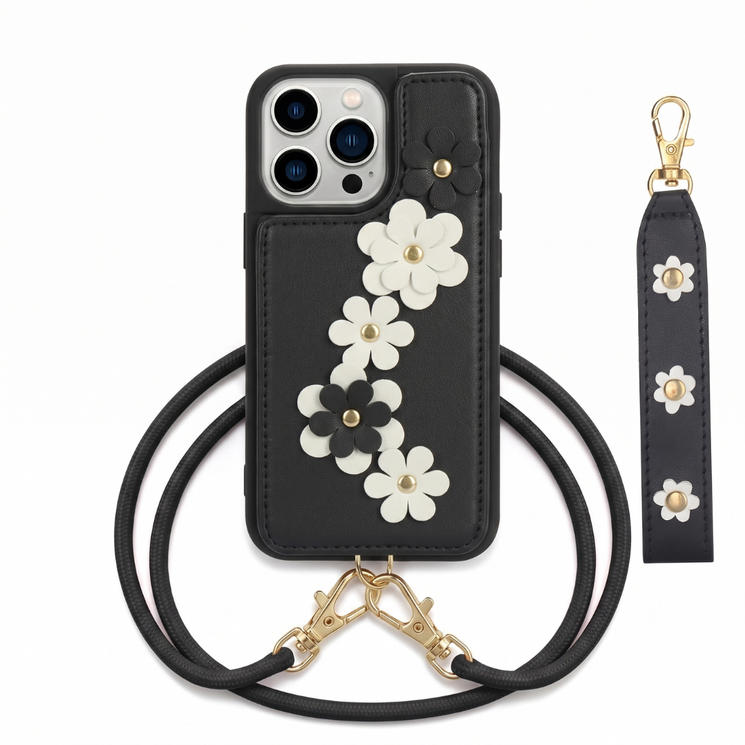 Funda iPhone Jardín Margarita con Correa de Mano y Correa Cruzada