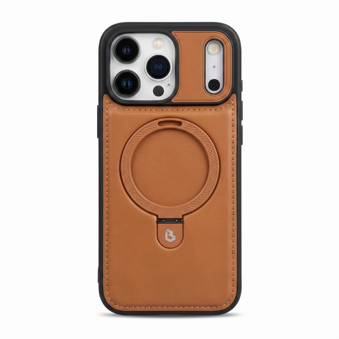 Funda de piel café para iPhone con anillo MagSafe y soporte retráctil