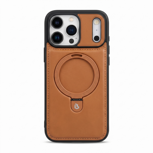 Funda de piel café para iPhone con anillo MagSafe y soporte retráctil
