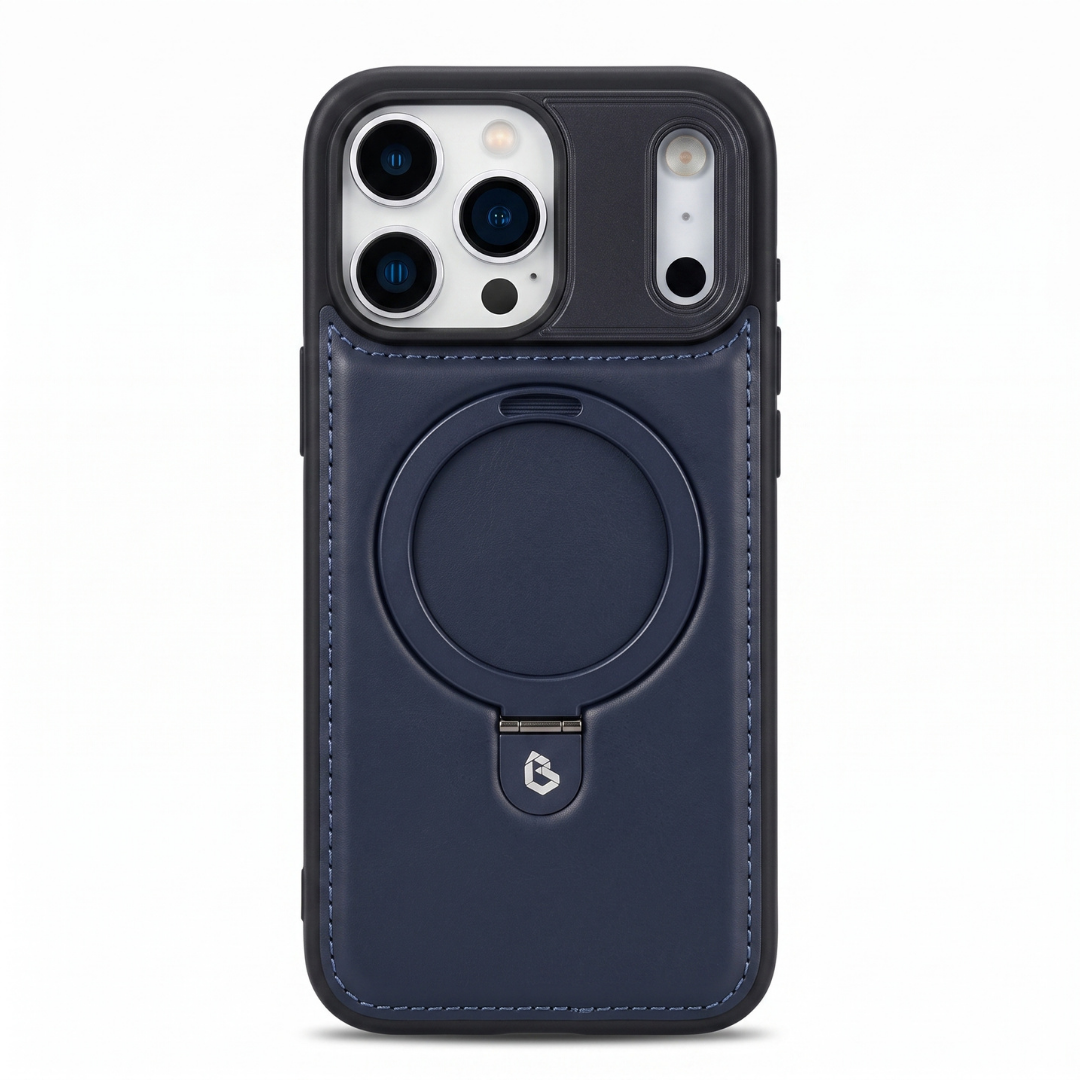 Funda de piel azul marino para iPhone con anillo MagSafe y soporte retráctil