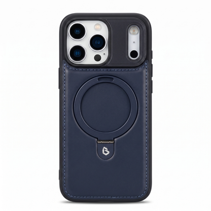Funda de piel azul marino para iPhone con anillo MagSafe y soporte retráctil