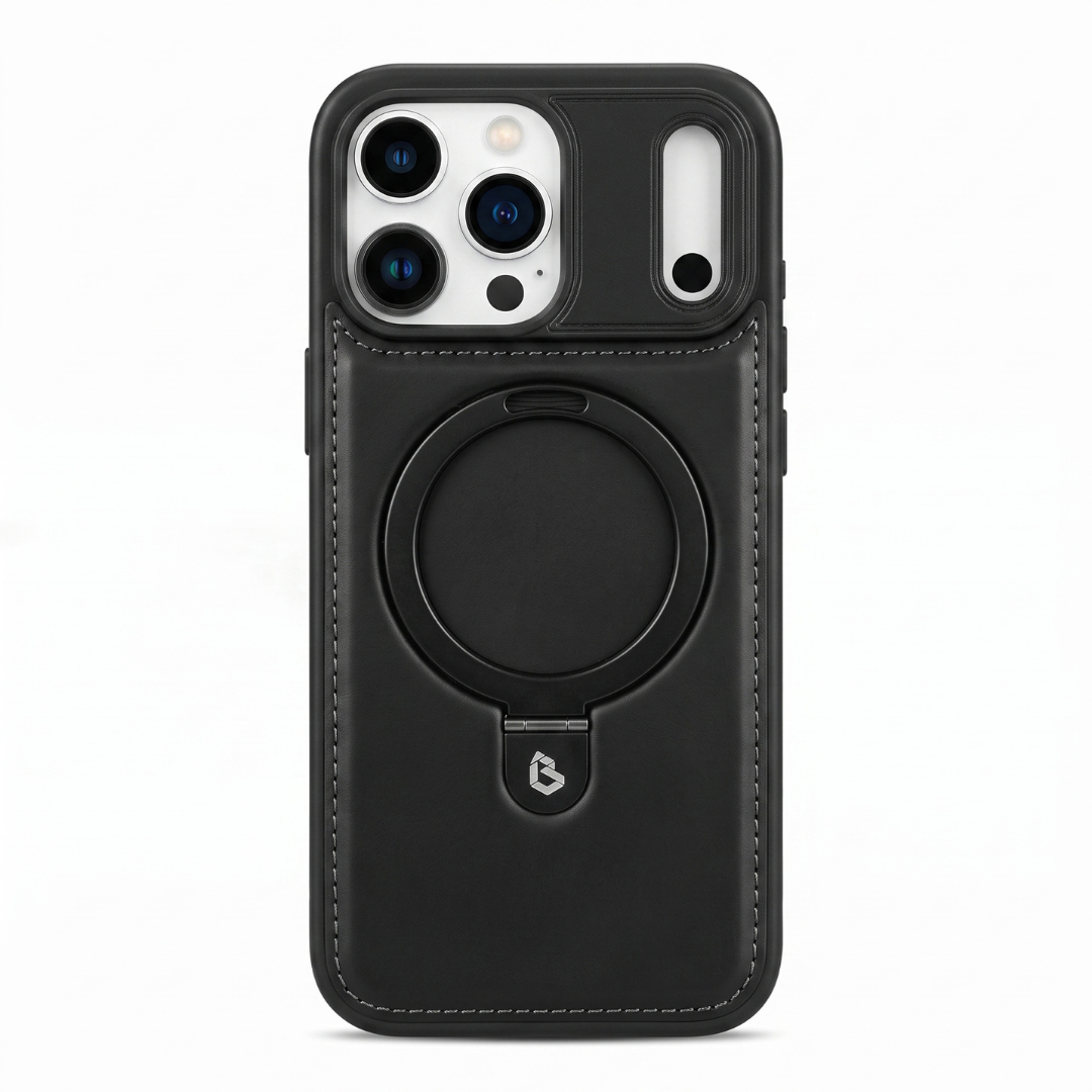 Funda de piel negra para iPhone con anillo MagSafe y soporte retráctil