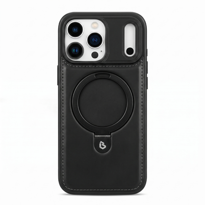 Funda de piel negra para iPhone con anillo MagSafe y soporte retráctil