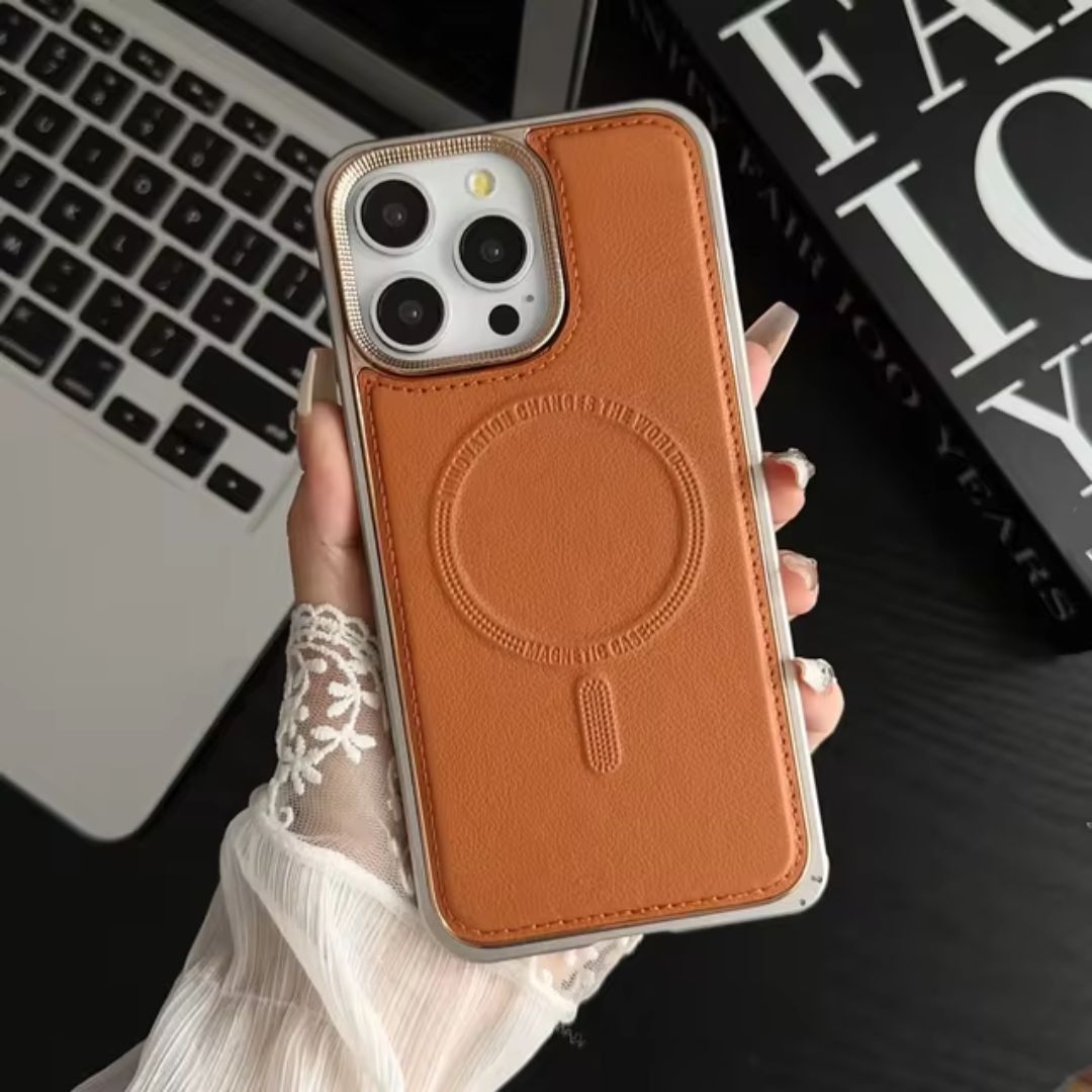 Funda iPhone de Piel Magnética con Marco de Metal