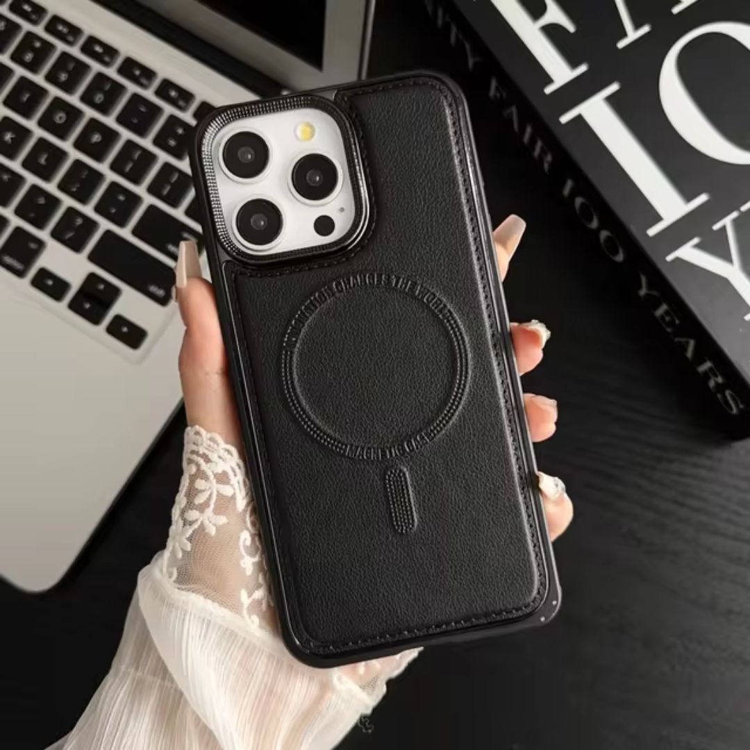 Funda iPhone de Piel Magnética con Marco de Metal