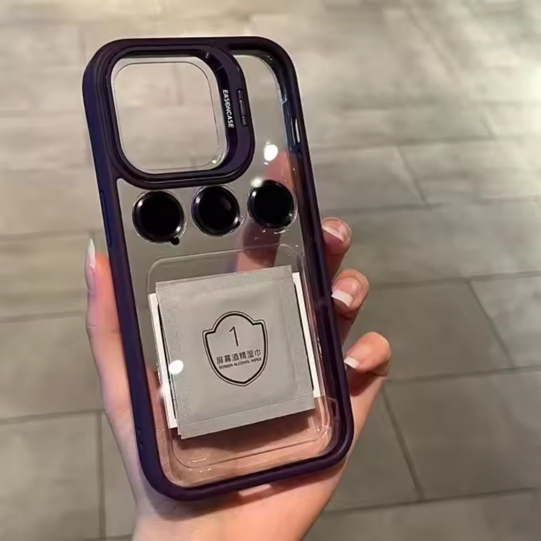 Funda iPhone Transparente con Protector de Cámara y Soporte Metálico