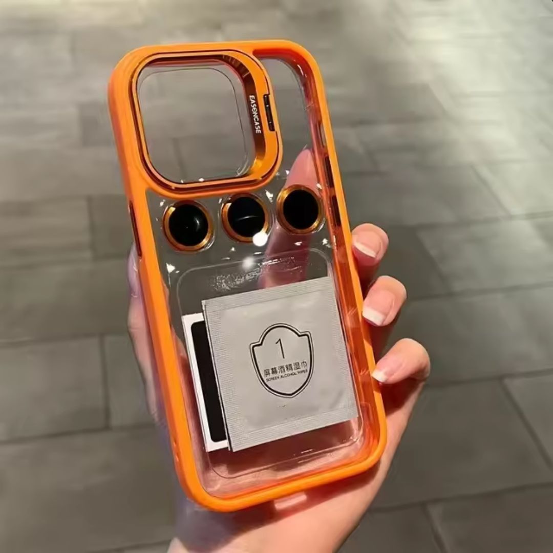 Funda iPhone Transparente con Protector de Cámara y Soporte Metálico
