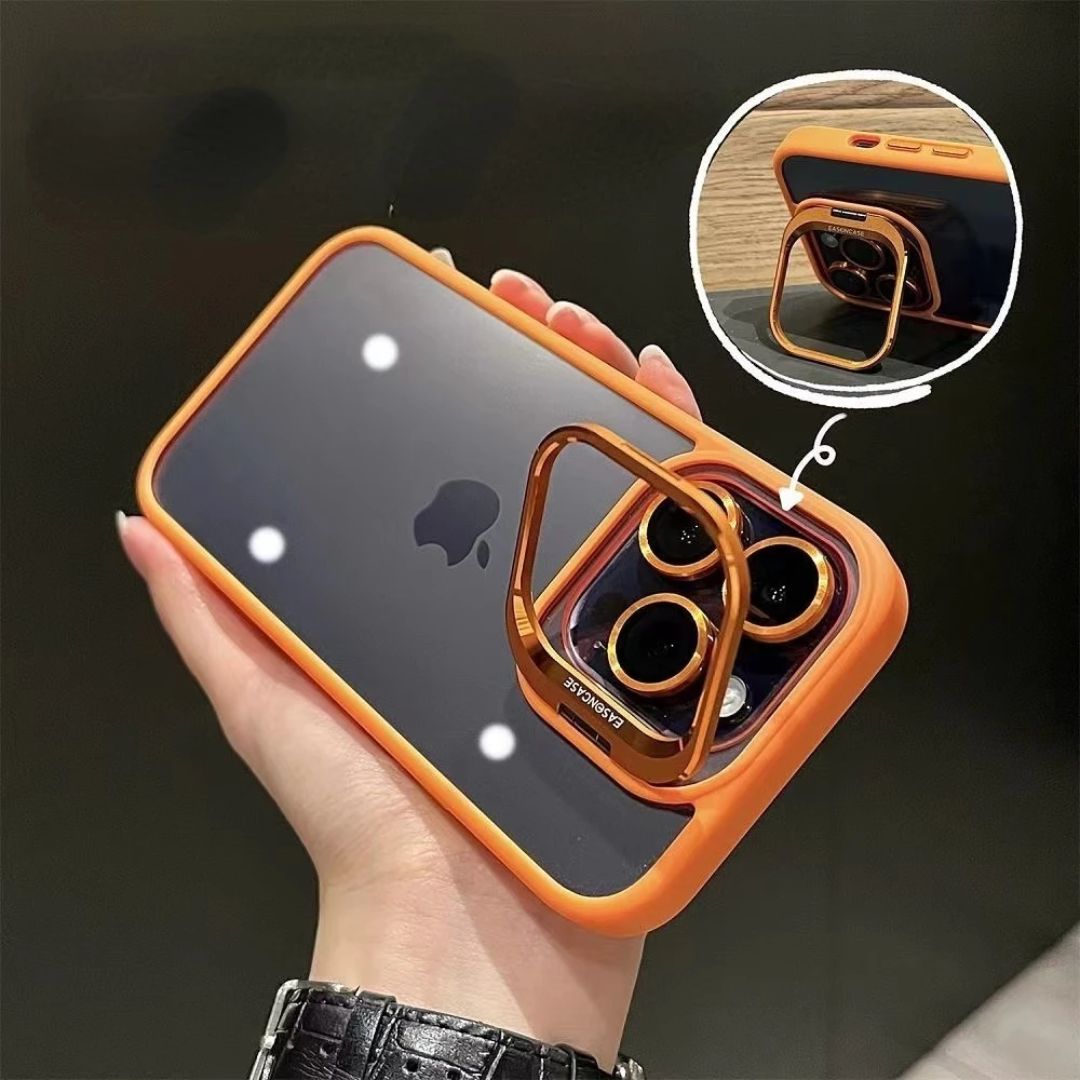 Funda iPhone Transparente con Protector de Cámara y Soporte Metálico