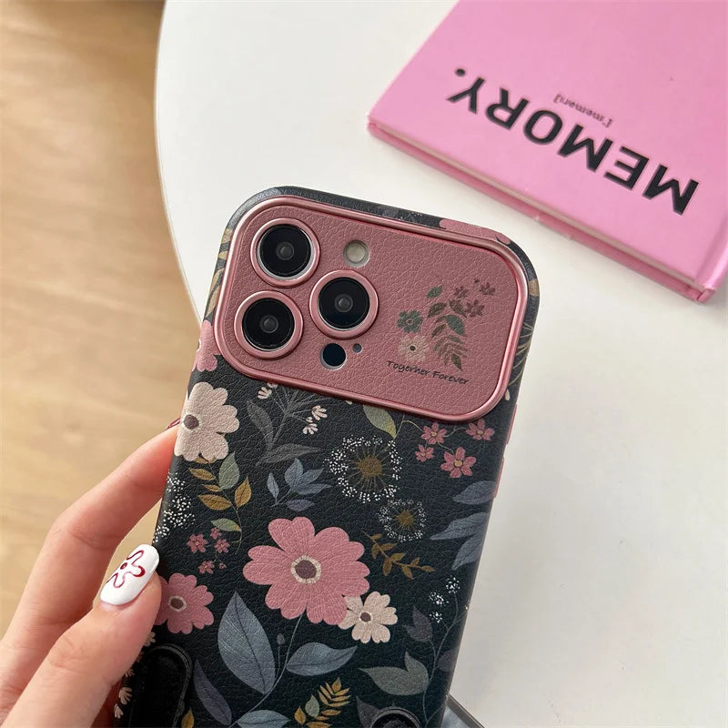 Funda de celular con crisantemos retro y correa de mano