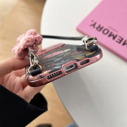 Funda de celular con crisantemos retro y correa de mano