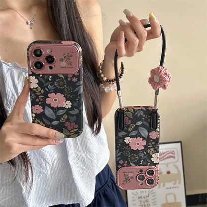 Funda de celular con crisantemos retro y correa de mano