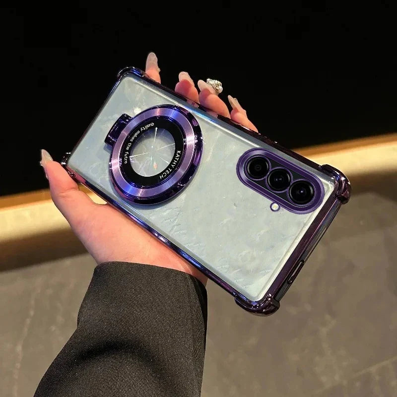 Funda para Samsung Galaxy A con soporte, antigolpes, transparente y acabado metalizado de lujo