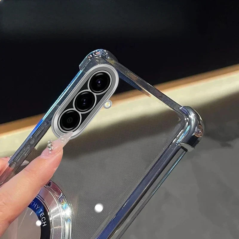 Funda para Samsung Galaxy A con soporte, antigolpes, transparente y acabado metalizado de lujo
