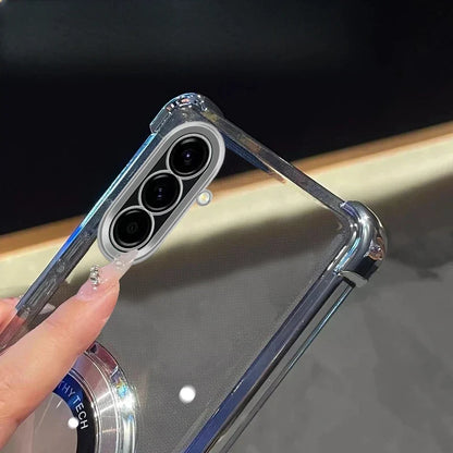 Funda para Samsung Galaxy A con soporte, antigolpes, transparente y acabado metalizado de lujo
