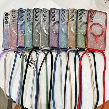 Funda magnética de TPU con brillos y correa cruzada para Samsung Galaxy Serie S24-S21