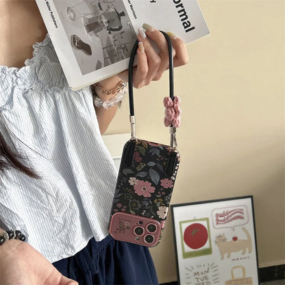 Funda de celular con crisantemos retro y correa de mano
