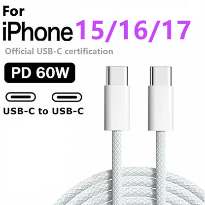 Cable trenzado USB-C a USB-C de 60W de carga rápida y sincronización de datos para iPhone, Samsung y Xiaomi