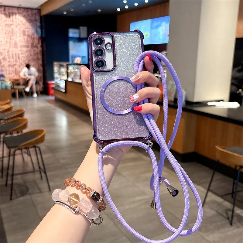 Funda magnética transparente premium para Samsung Galaxy con correa cruzada y correa de cuello: protección con estilo