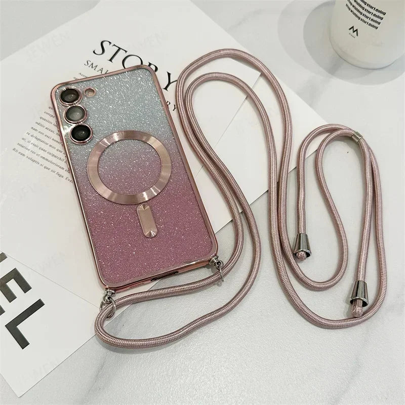 Funda magnética de TPU con brillos y correa cruzada para Samsung Galaxy Serie S24-S21
