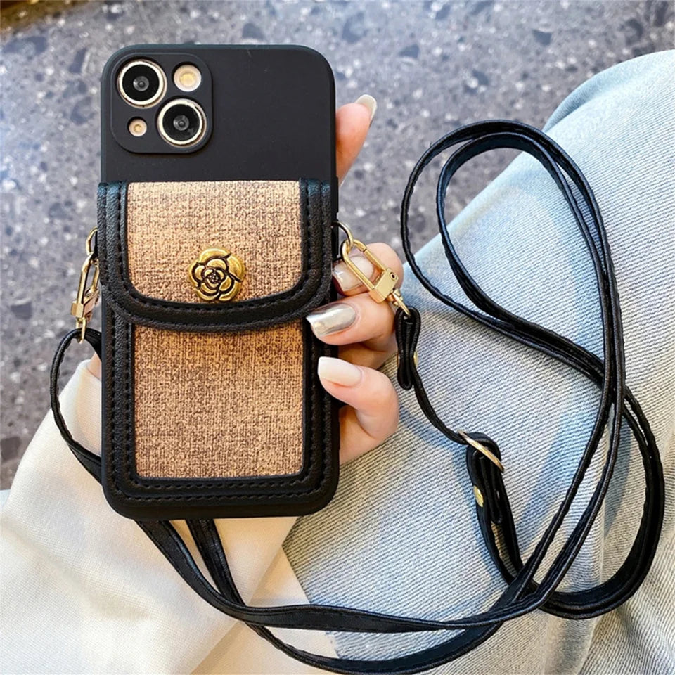 Funda iPhone Jardín Camelia negra con bolsita de lino