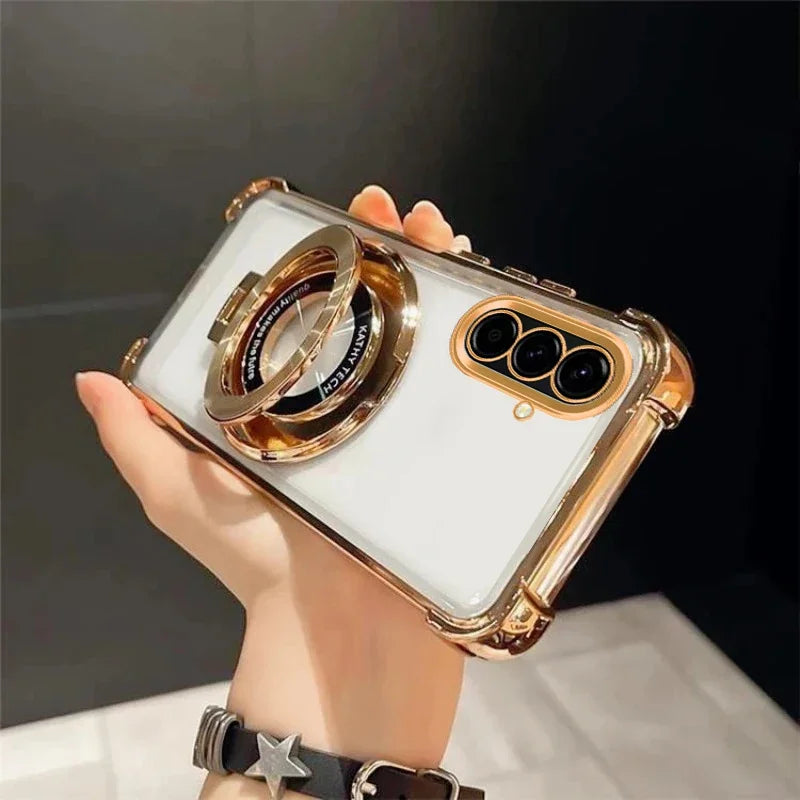 Funda para Samsung Galaxy A con soporte, antigolpes, transparente y acabado metalizado de lujo
