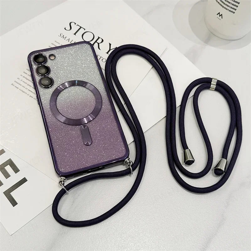 Funda magnética de TPU con brillos y correa cruzada para Samsung Galaxy Serie S24-S21