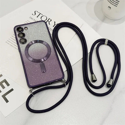 Funda magnética de TPU con brillos y correa cruzada para Samsung Galaxy Serie S24-S21