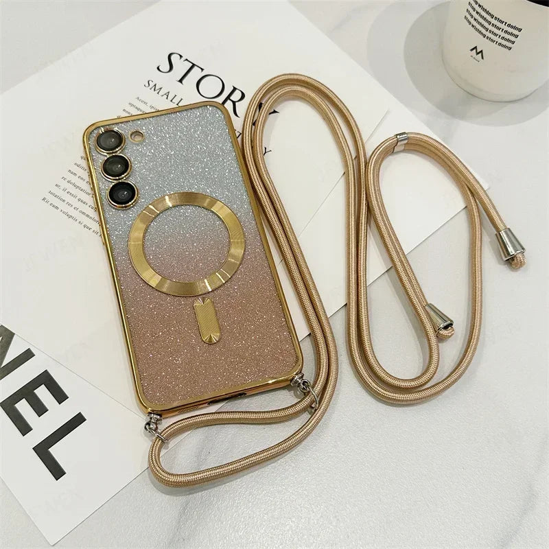 Funda magnética de TPU con brillos y correa cruzada para Samsung Galaxy Serie S24-S21