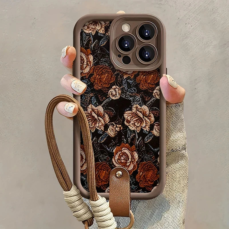 Funda iPhone Jardín Barroco con rosas vintage y correa de mano