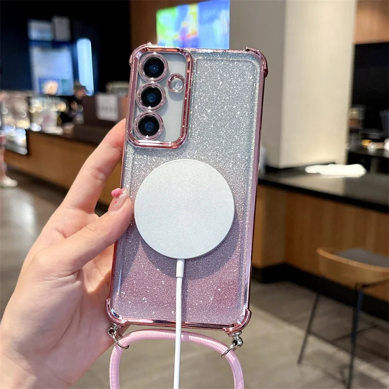 Funda magnética transparente premium para Samsung Galaxy con correa cruzada y correa de cuello: protección con estilo