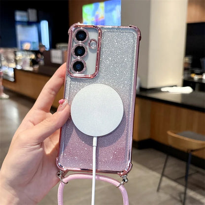 Funda magnética transparente premium para Samsung Galaxy con correa cruzada y correa de cuello: protección con estilo