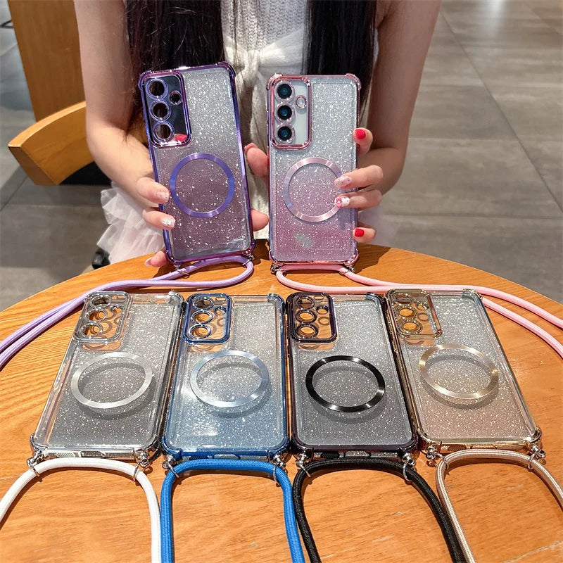 Funda magnética transparente premium para Samsung Galaxy con correa cruzada y correa de cuello: protección con estilo