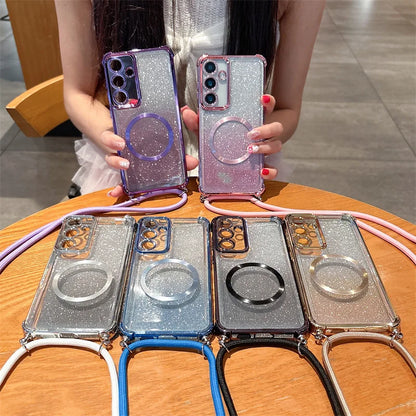Funda magnética transparente premium para Samsung Galaxy con correa cruzada y correa de cuello: protección con estilo