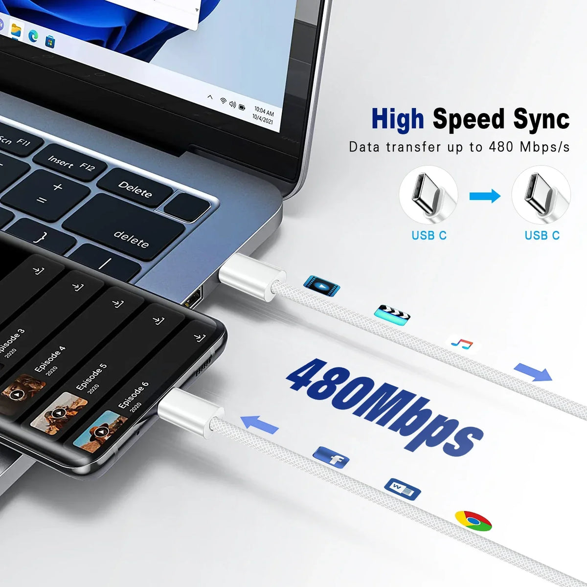 Cable trenzado USB-C a USB-C de 60W de carga rápida y sincronización de datos para iPhone, Samsung y Xiaomi