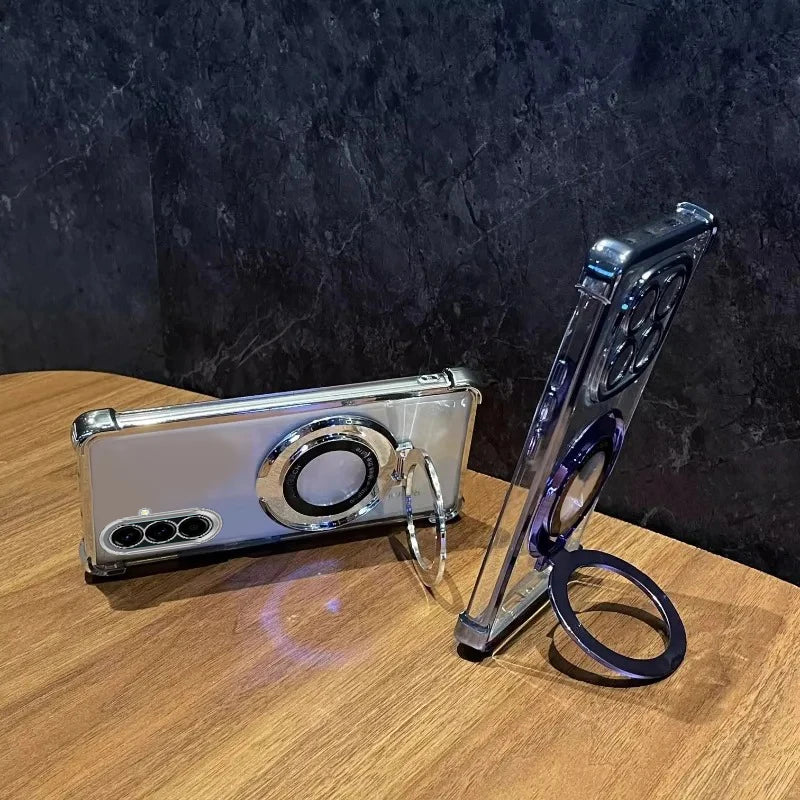 Funda para Samsung Galaxy A con soporte, antigolpes, transparente y acabado metalizado de lujo