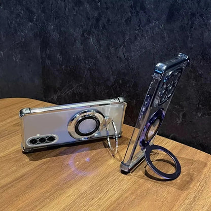 Funda para Samsung Galaxy A con soporte, antigolpes, transparente y acabado metalizado de lujo