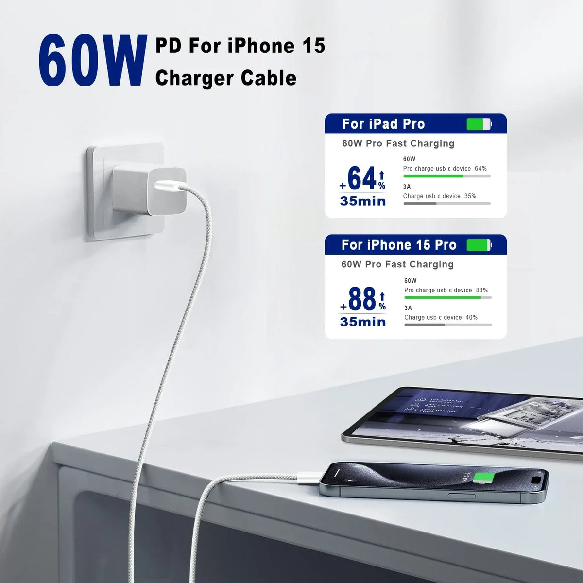 Cable trenzado USB-C a USB-C de 60W de carga rápida y sincronización de datos para iPhone, Samsung y Xiaomi
