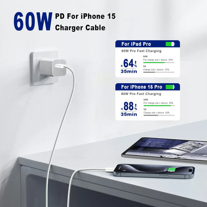 Cable trenzado USB-C a USB-C de 60W de carga rápida y sincronización de datos para iPhone, Samsung y Xiaomi
